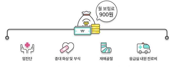 월 보험료 900원에 암진단, 중대 화상 및 부식, 재해골절, 응급실 내원 진료비를 보장합니다